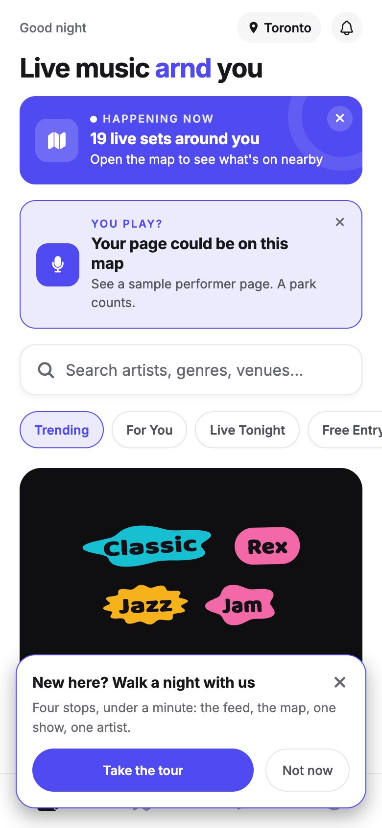 ARND home feed reading Live music arnd you, with 19 live sets around you in Toronto