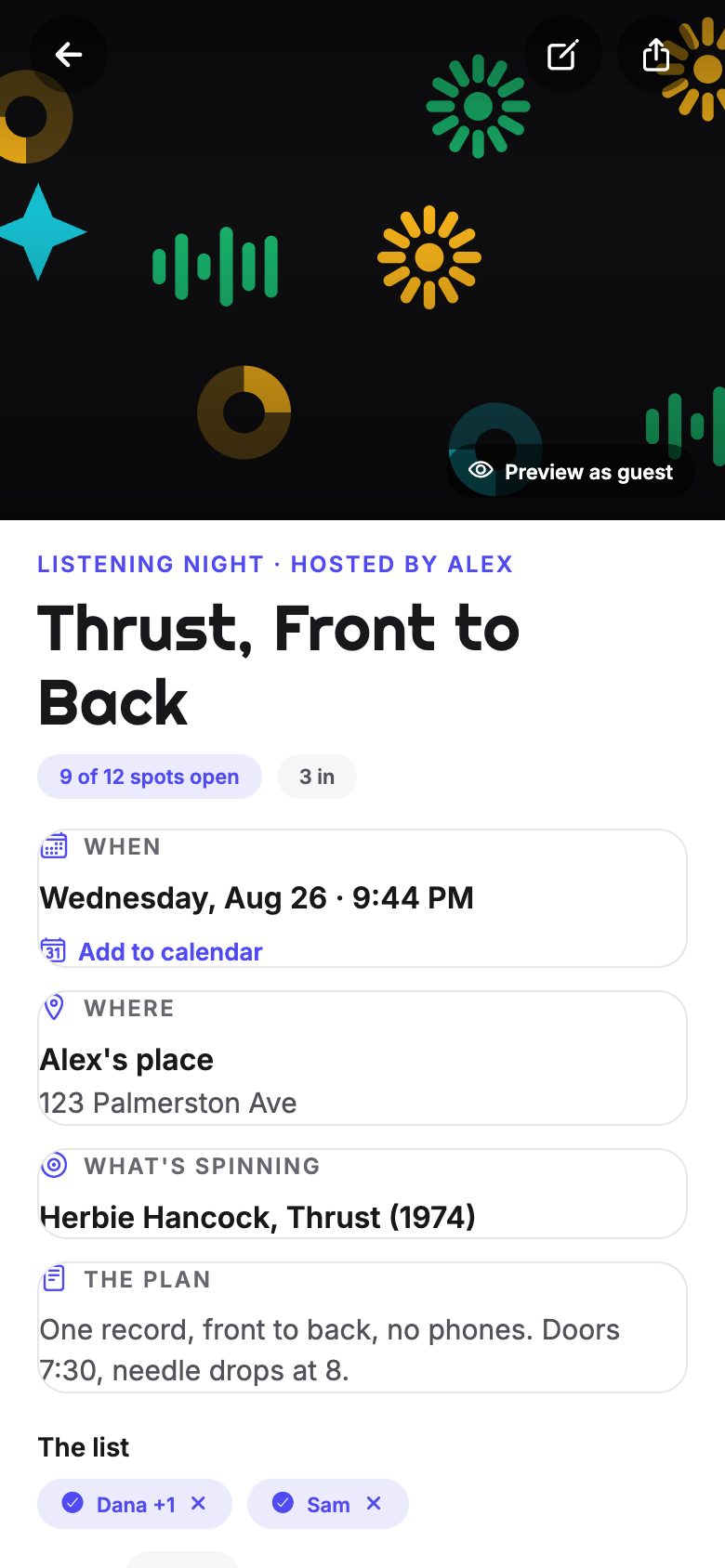 ARND hosted listening night invite: Thrust, Front to Back, with RSVP spots, the record being played, and the plan