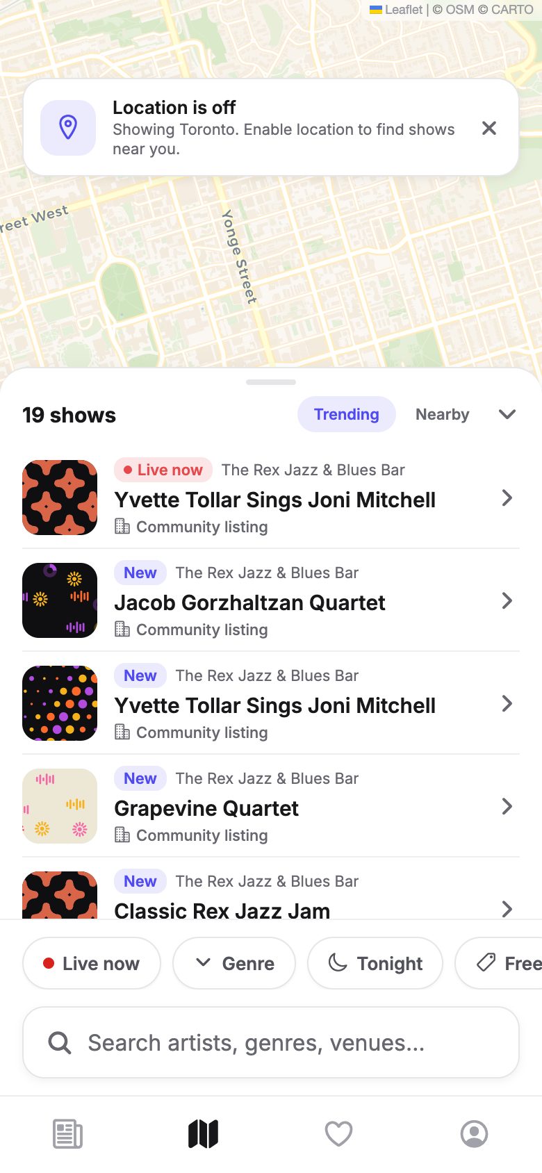 ARND map view of Toronto showing 19 real shows, with live listings at The Rex Jazz and Blues Bar