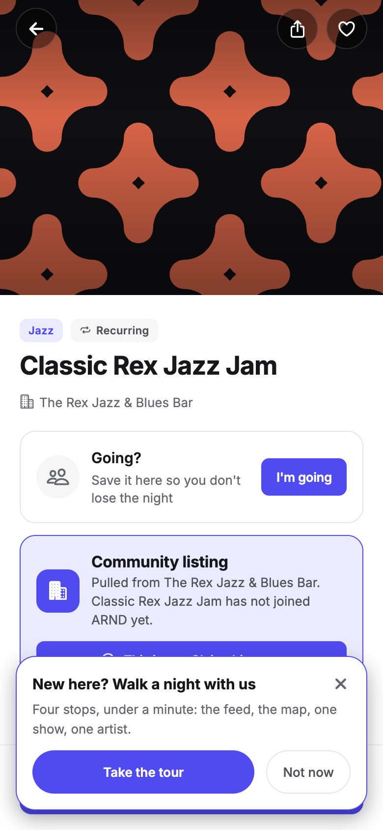 ARND show page for Classic Rex Jazz Jam with generative cover art and an honest community-listing card