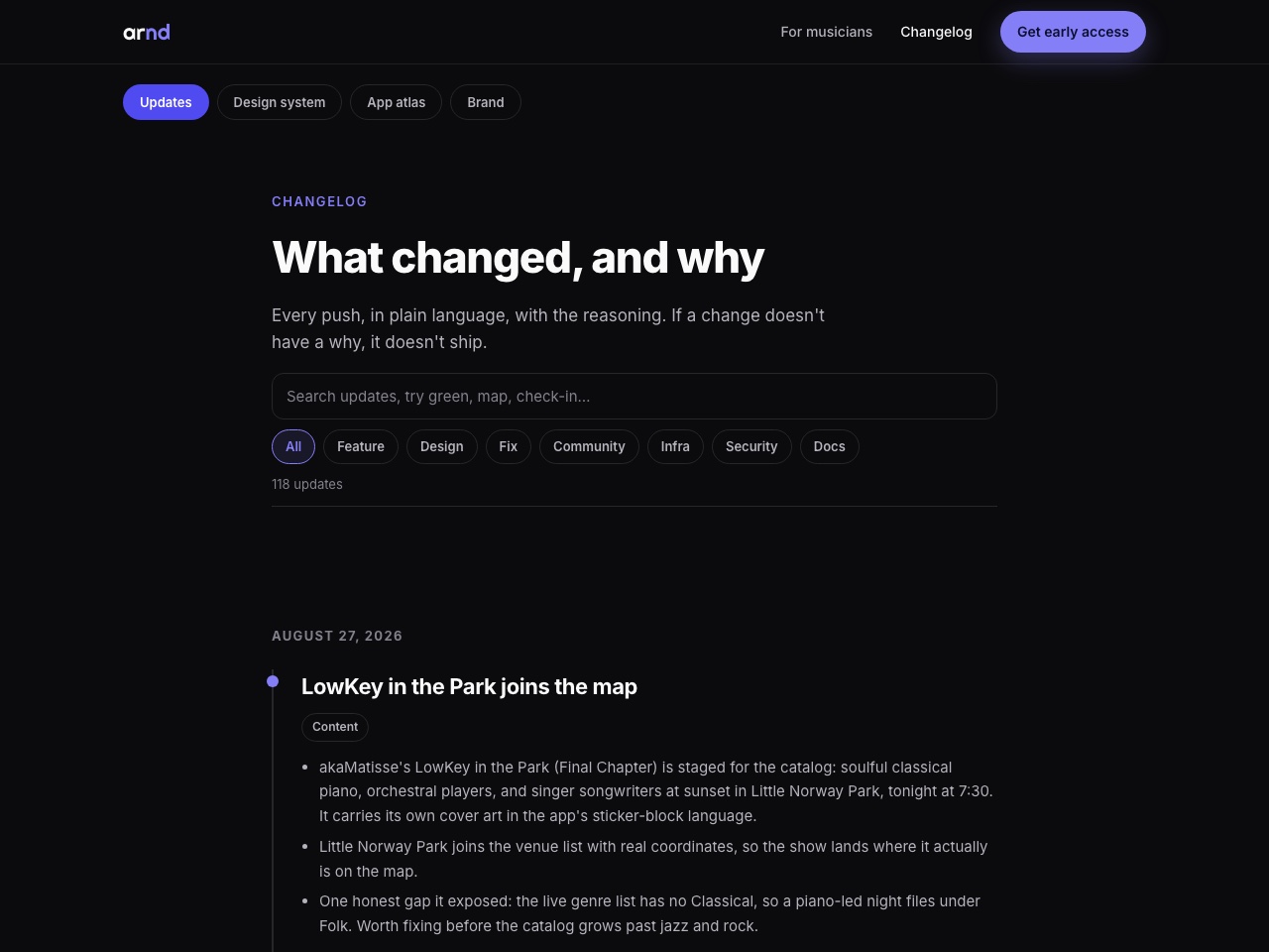 The ARND public changelog: What changed, and why, with over a hundred updates filterable by feature, design, fix, community, infra, security, and docs