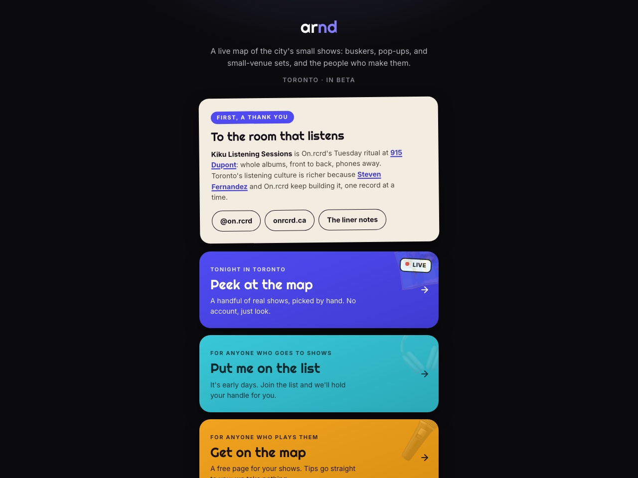 The arnd.app front door: a live map of the city's small shows, with cards for fans, performers, and venues