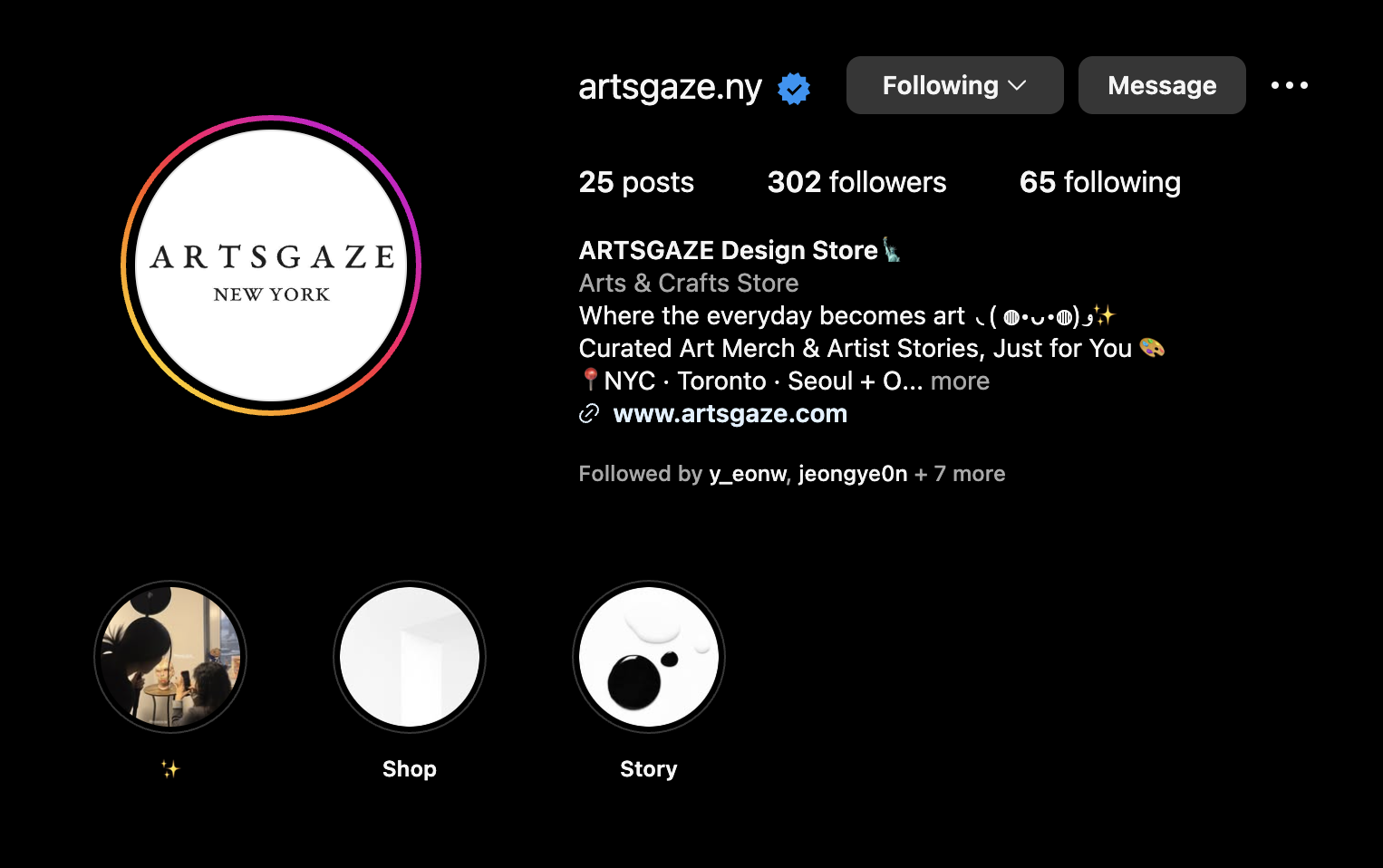 ArtsGaze stats as of February 2025, 6 artists, 16+ products, 300+ followers