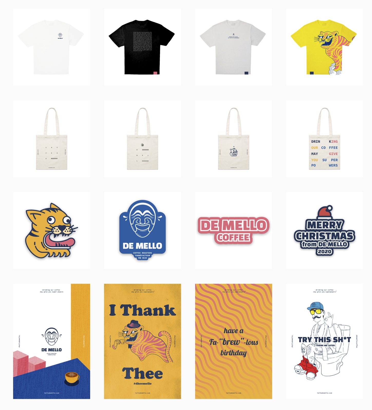 De Mello merchandise, apparel, tote bags, enamel pins, and postcards