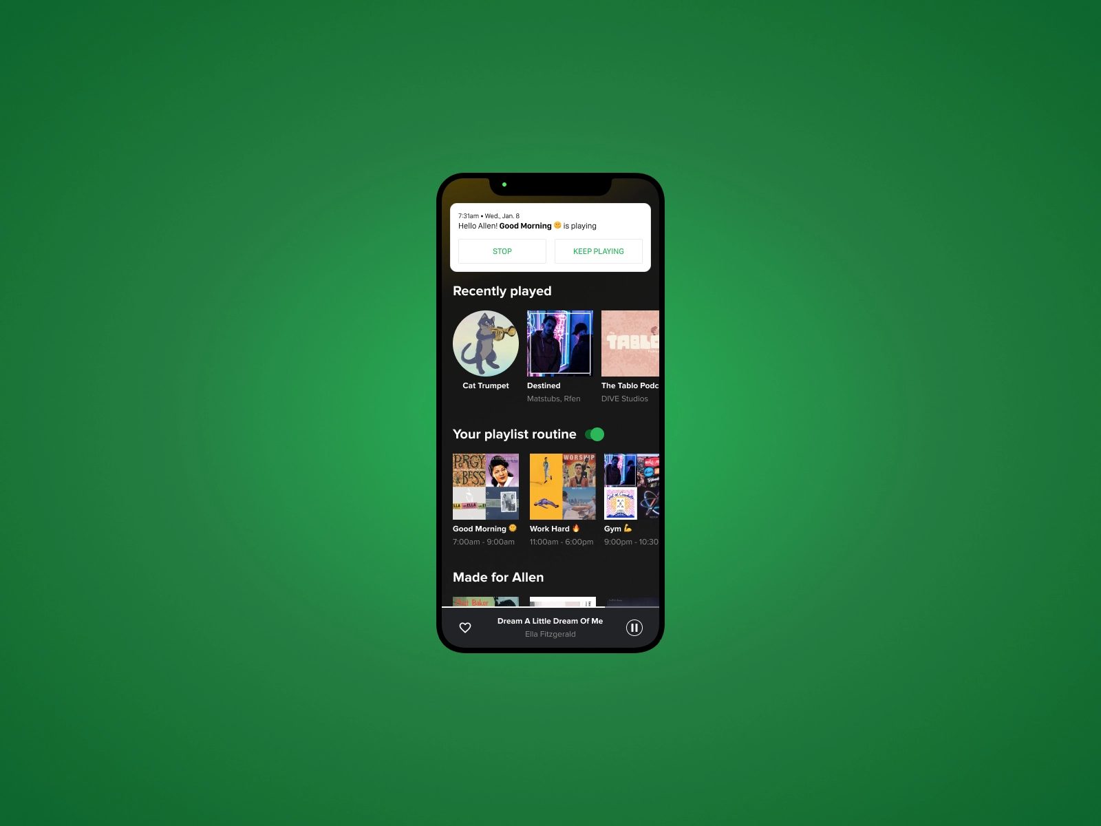 Music app interface with a playlist icon illustrated as a cat playing a trumpet, labeled Cat Trumpet