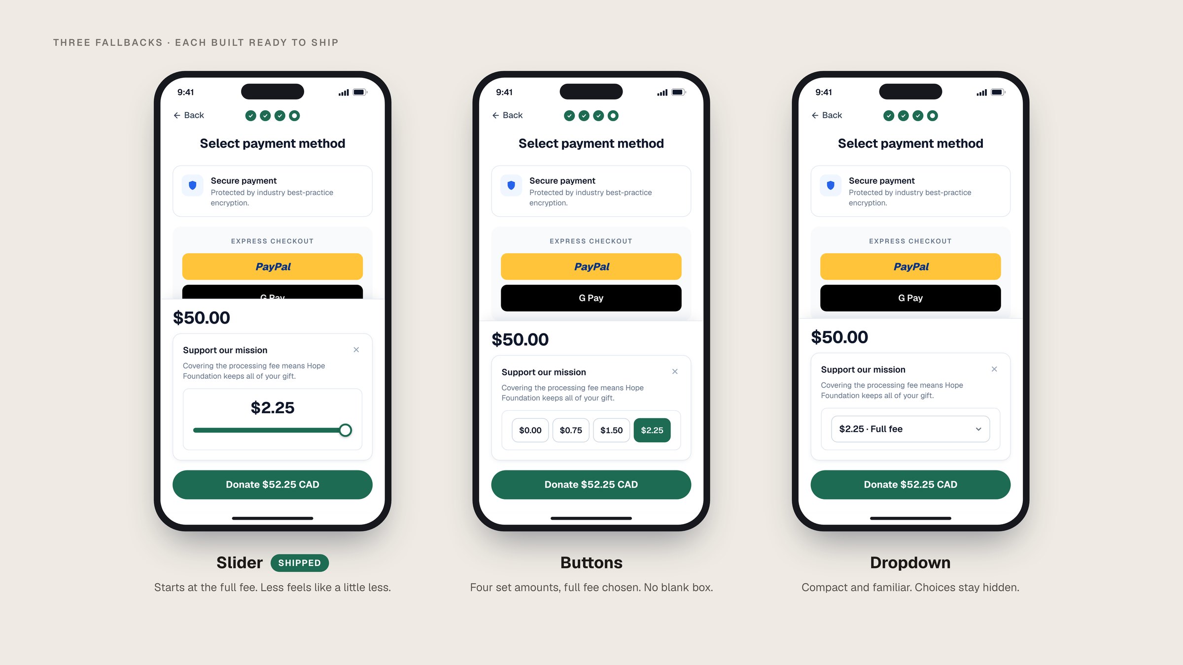 Three phone checkouts with the fee editor open: a slider, four amount buttons, and a dropdown