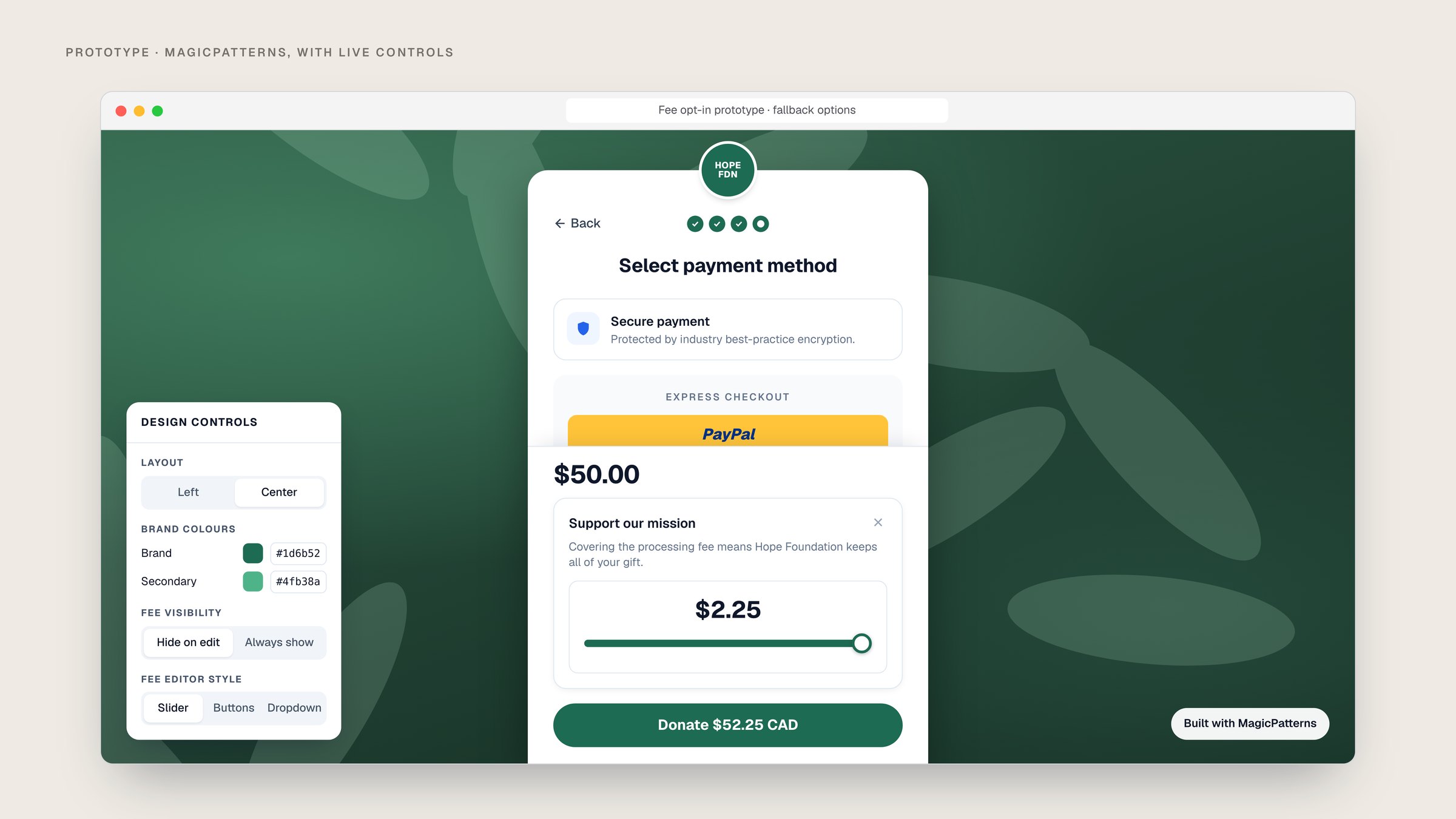 The MagicPatterns prototype: a checkout modal over a campaign photo, with a design controls panel for layout, colours, fee visibility and editor style