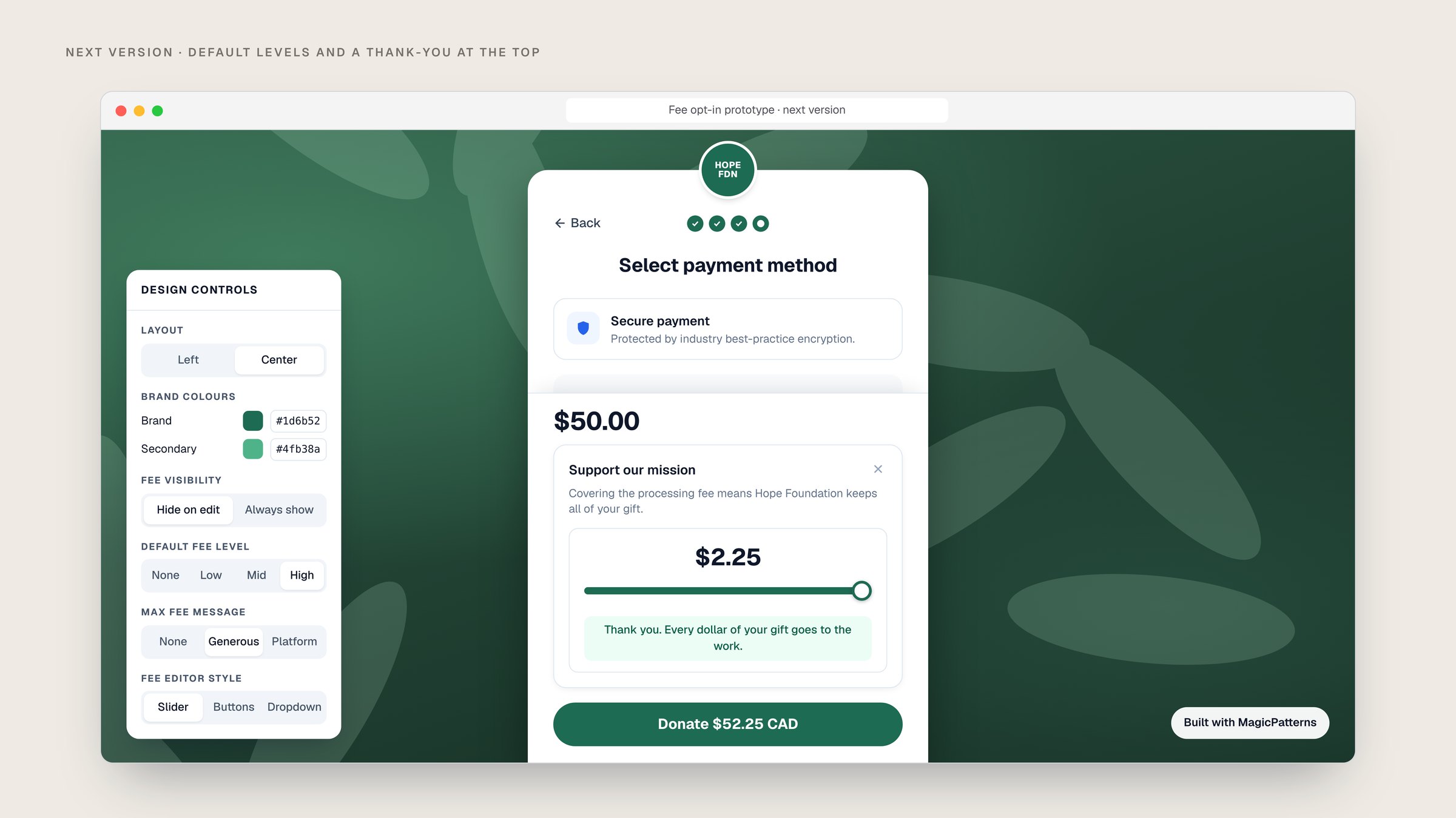 The next version of the prototype, with controls for the default fee level and a thank-you message when the slider reaches the full fee
