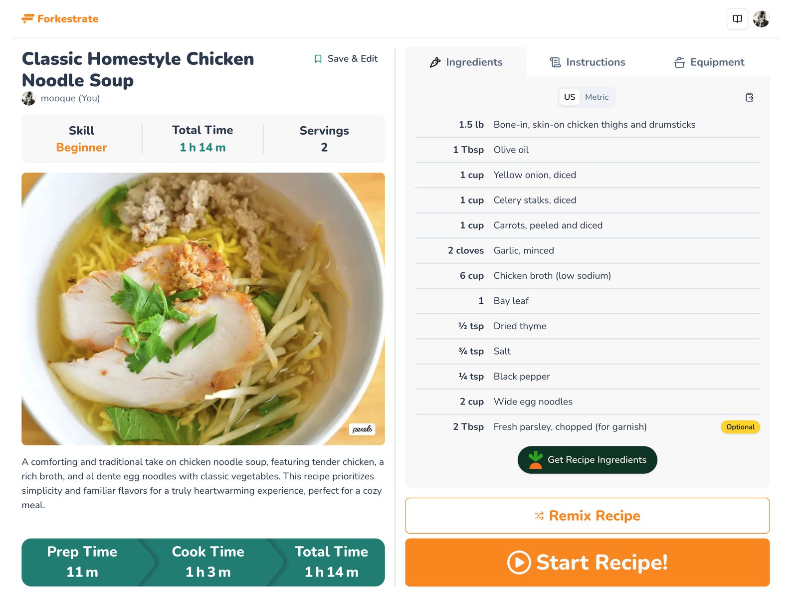 Forkestrate recipe page showing ingredients, instructions, and equipment tabs, with a prep, cook, and total time breakdown