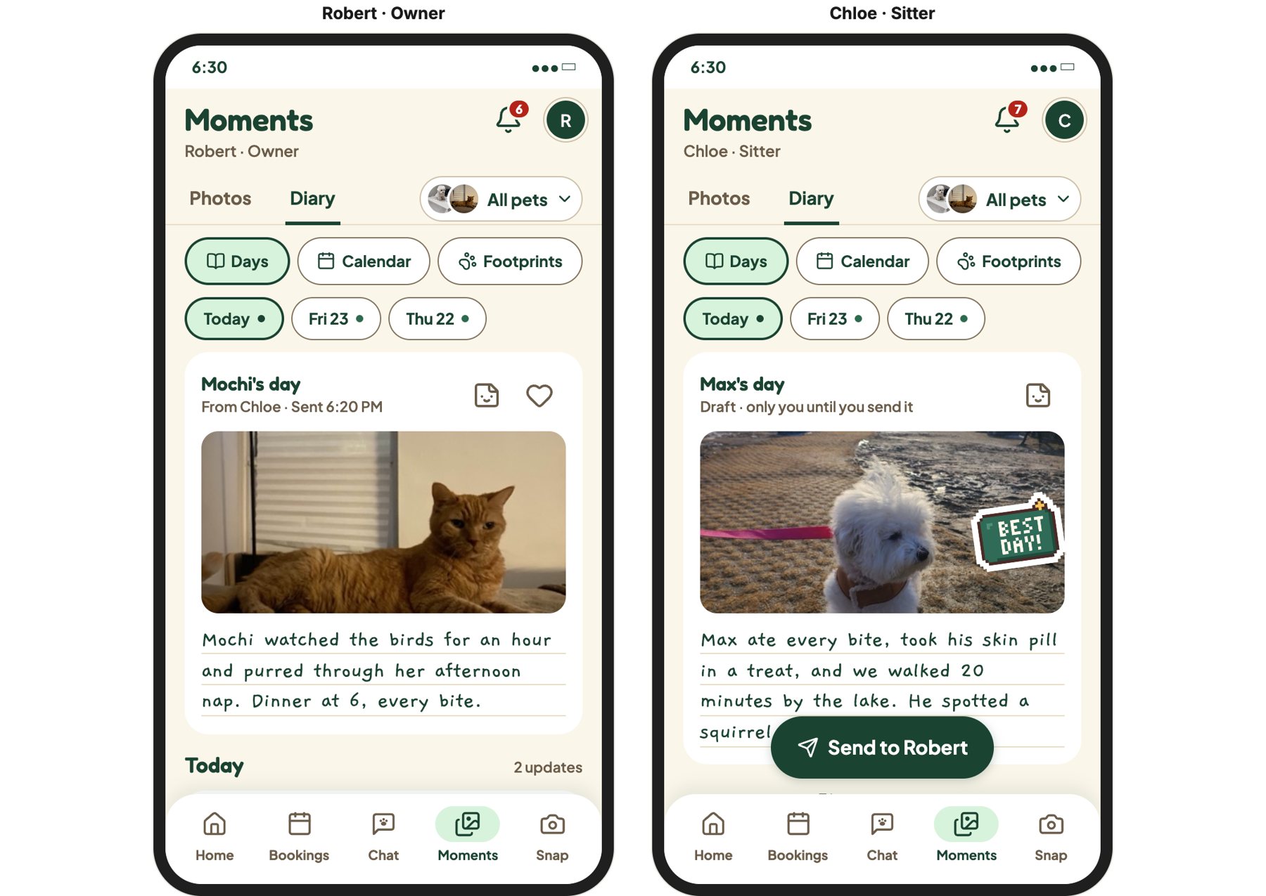 The Diary trial: the owner's and the sitter's phones side by side, a sent day page and a draft with a floating Send to Robert button