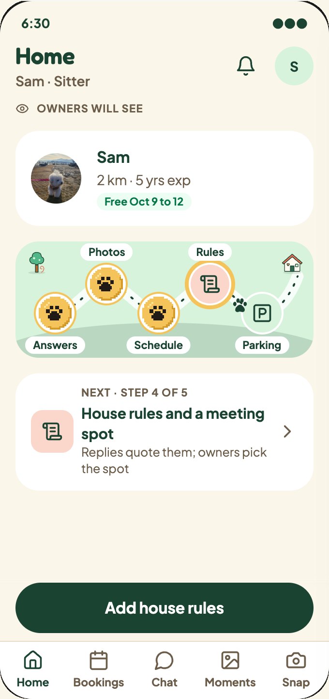 A new sitter's Home: the profile card owners will see filling in, a paw trail with coins for finished steps, and one button for the next step