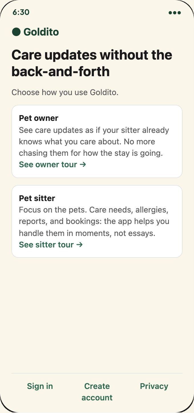 Old Welcome: two text cards linking to owner and sitter tours, and three equal links at the bottom