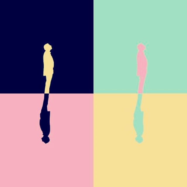 Four colour blocks, each with a small figure and its reflection
