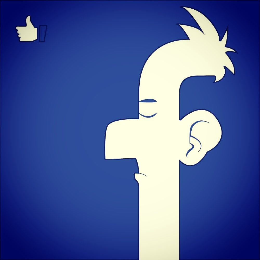 The Facebook f drawn as a face, with a thumbs-up