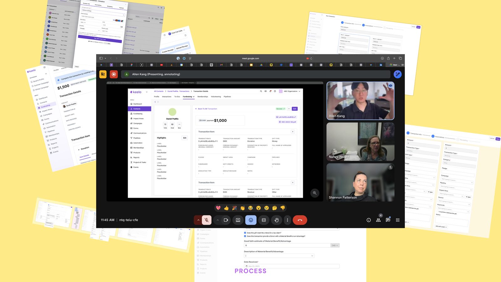 Design review over video call: walking the product and engineering team through the split-transaction flow, with the redesign mockups around it