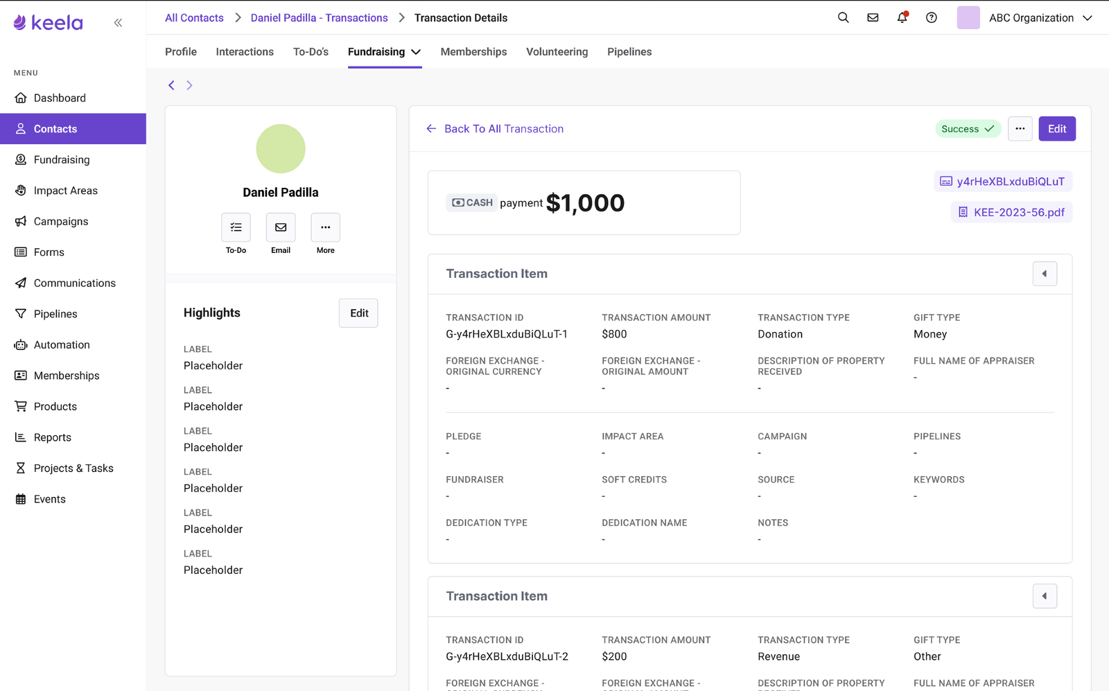 V3 transaction detail layout, associations secondary, items primary