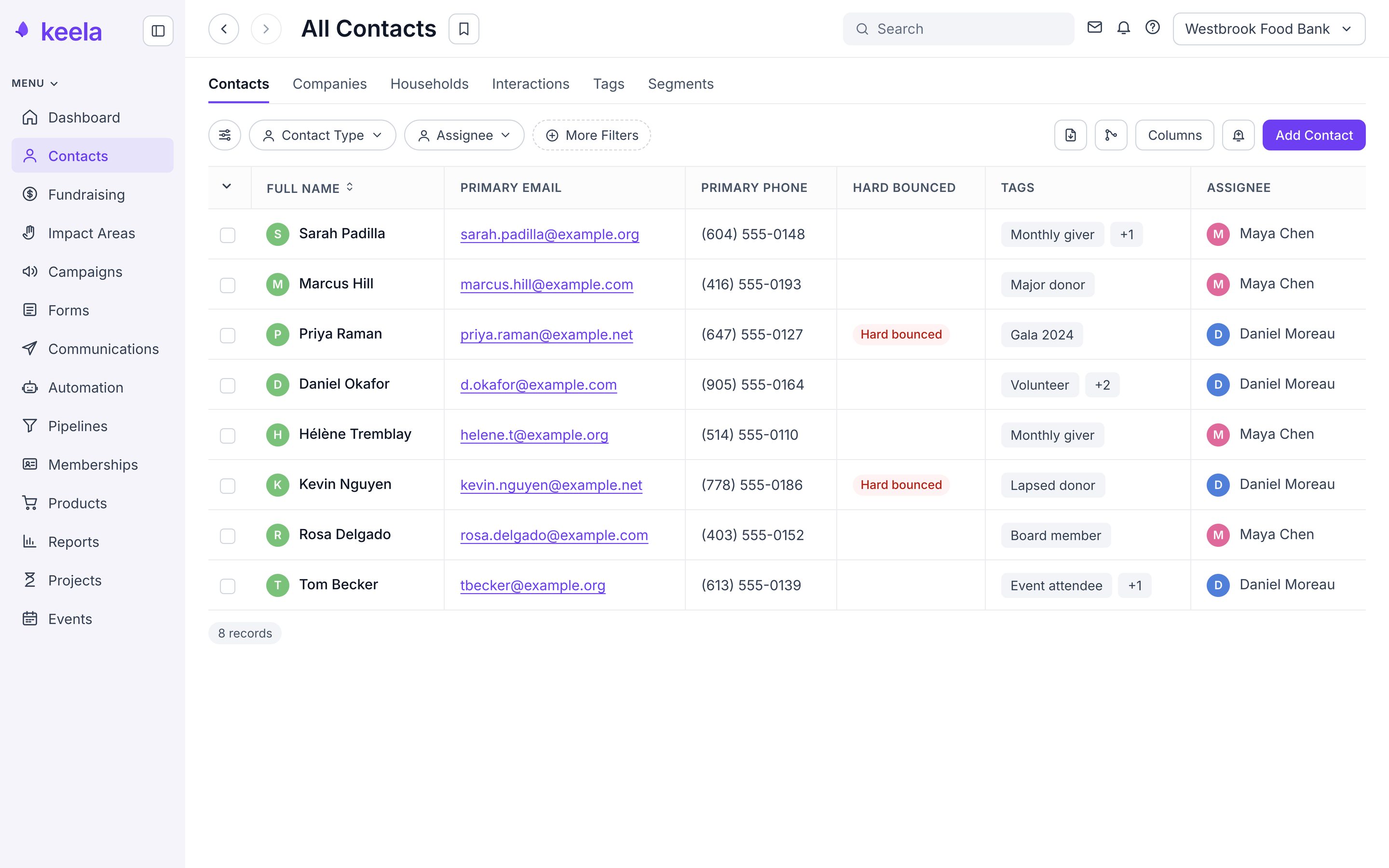 The shipped contact list: filters for contact type and assignee, tags with overflow, and a hard-bounced status before you write the email