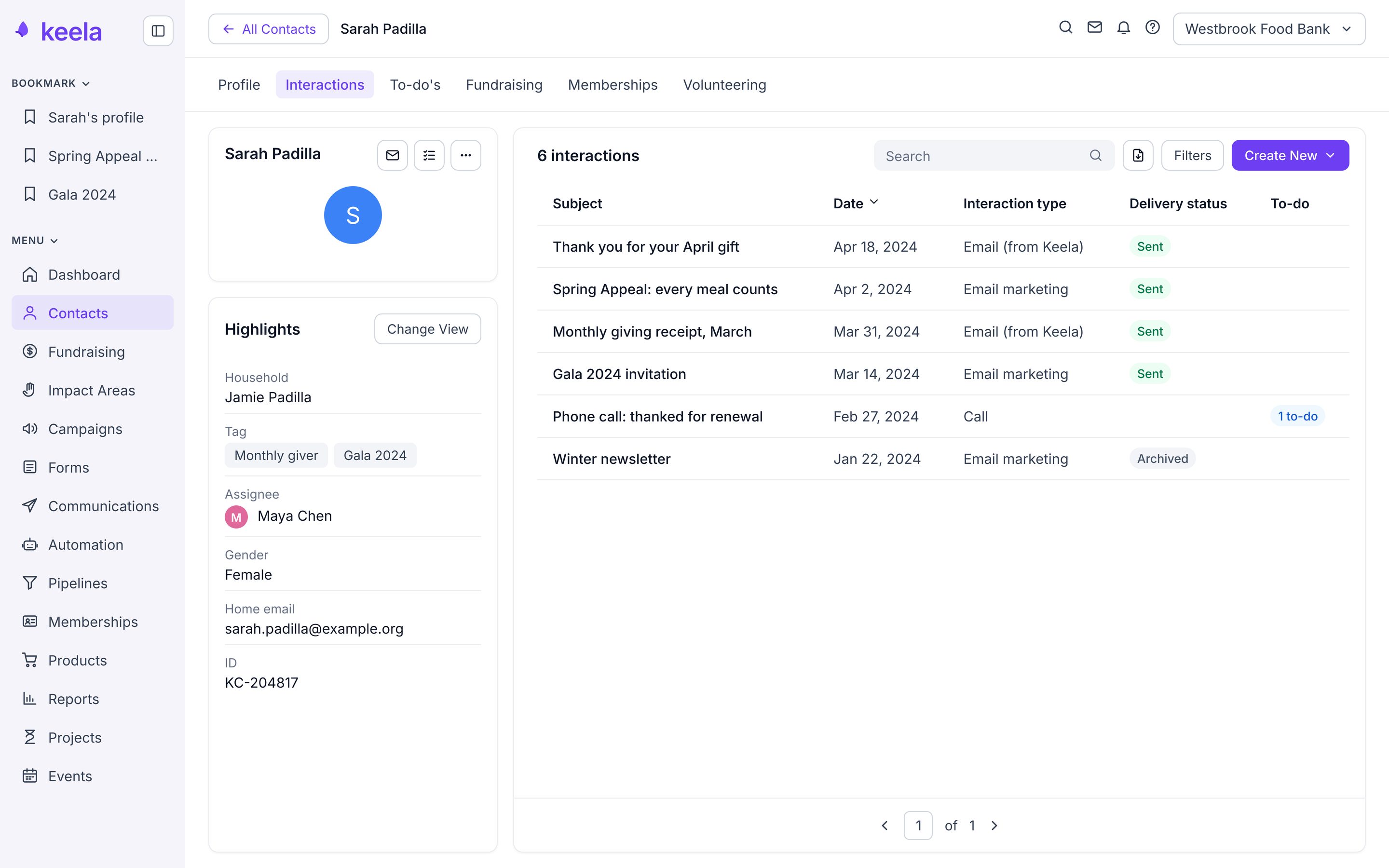 The shipped record: tabs that belong to the person, highlights on the left, and Sarah's emails and calls with their delivery status