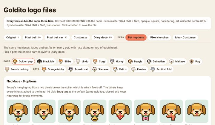 The logo files page: tabs for every version and pixel pets with necklace options