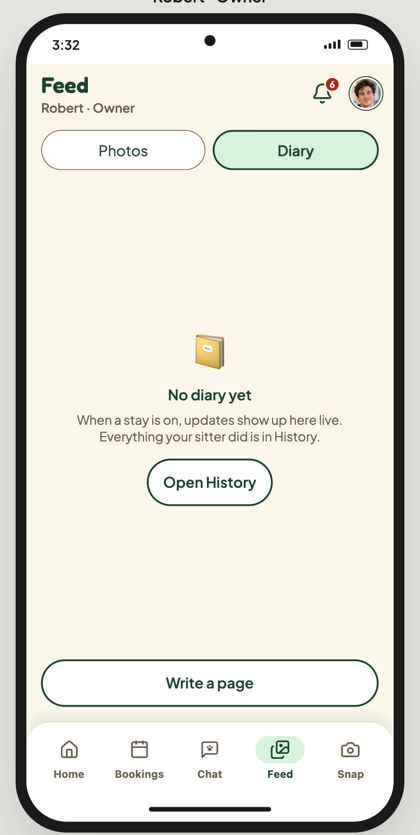 Owner Diary on the live app: No diary yet, Open History, Write a page