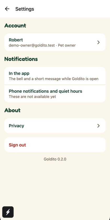 After: Settings: list rows, Sign out as a red row, version as a footer