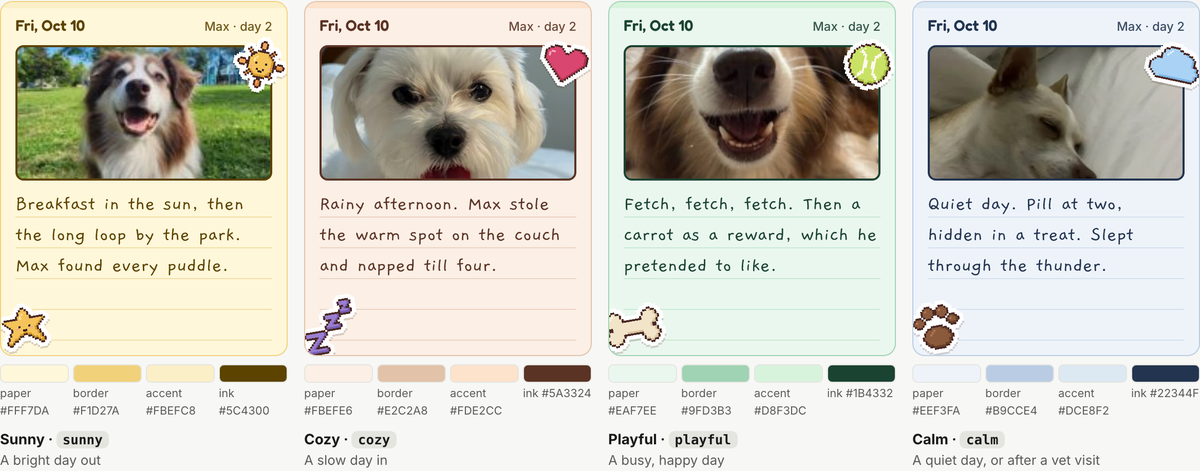 Four diary papers: sunny, cozy, playful, calm