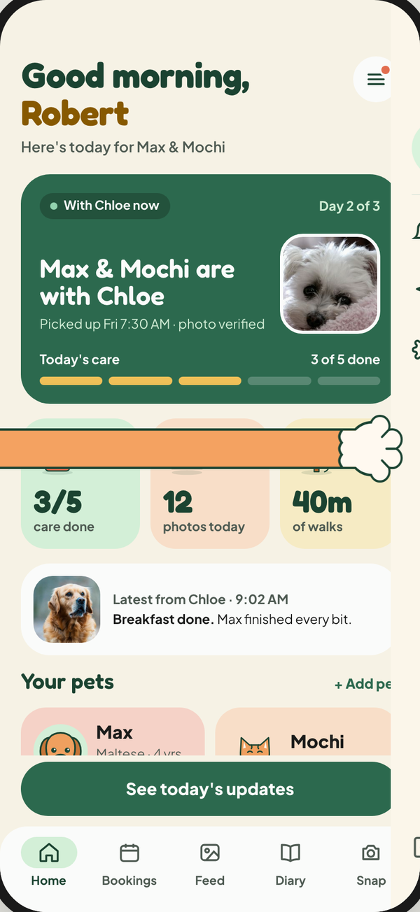 A cartoon paw pulling the menu drawer across the phone