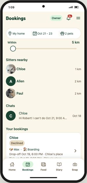 Bookings tab: search bar, sitters nearby, chats