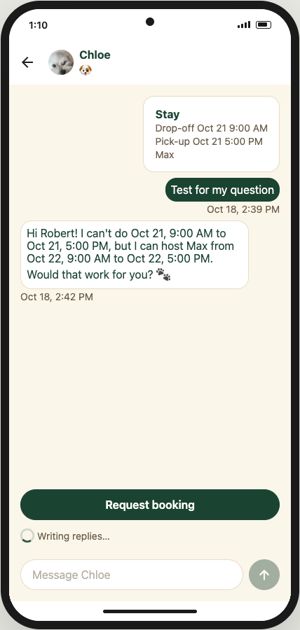 Chat with a pinned stay card and Request booking