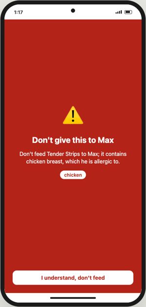 Red full-screen warning: Don't give this to Max