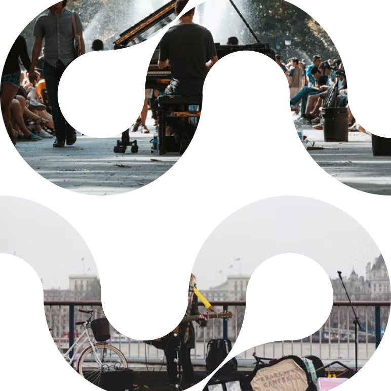 Street performance photo cropped through a custom organic flower-shaped mask