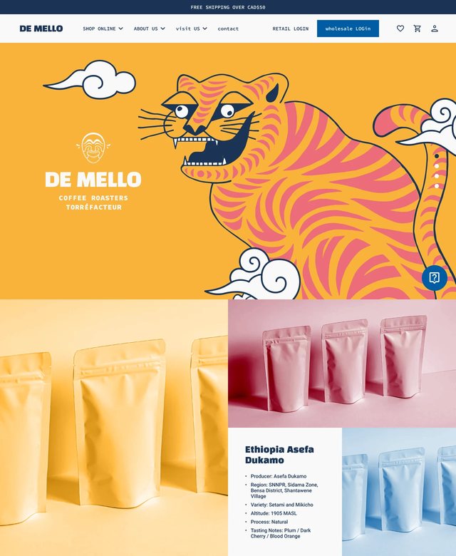 De Mello website hero with the tiger illustration and coffee bag product photography