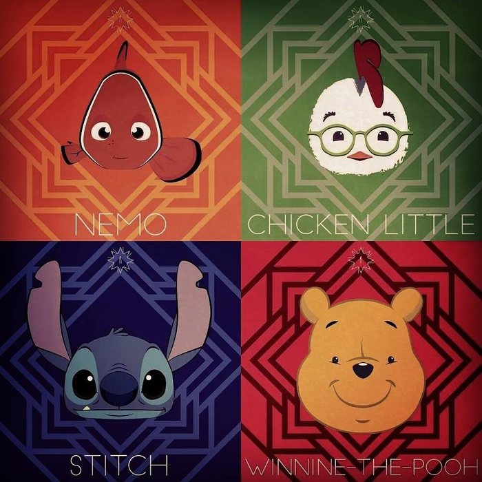 Four illustrated character portraits in a geometric pattern style: Nemo, Chicken Little, Stitch, and Winnie the Pooh, redrawn as practice