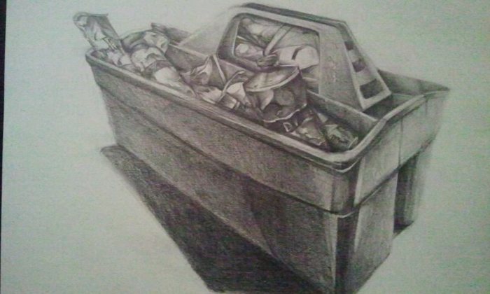 Pencil drawing of a recycling bin, published in the Hamilton Spectator